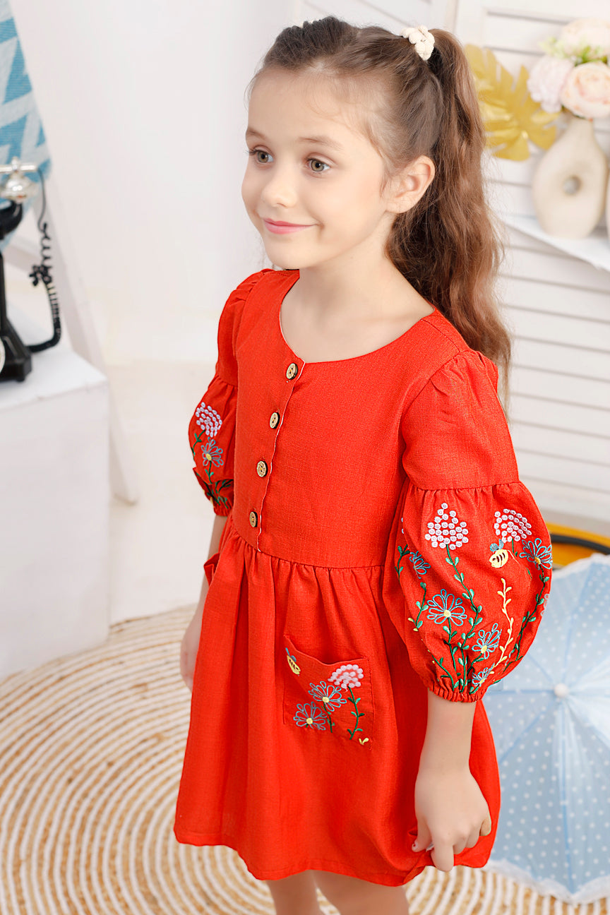 ORANGE FLORAL EMBROIDERED  FROCK