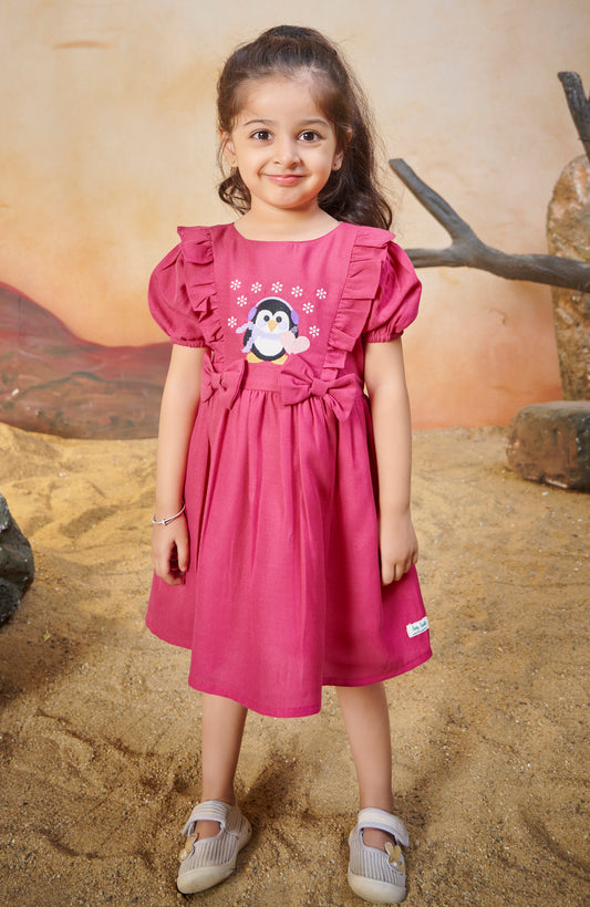 TINY TWILLS PENGUIN EMBROIDERED FROCK WITH  FRILLS