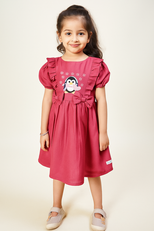 TINY TWILLS PENGUIN EMBROIDERED FROCK WITH  FRILLS