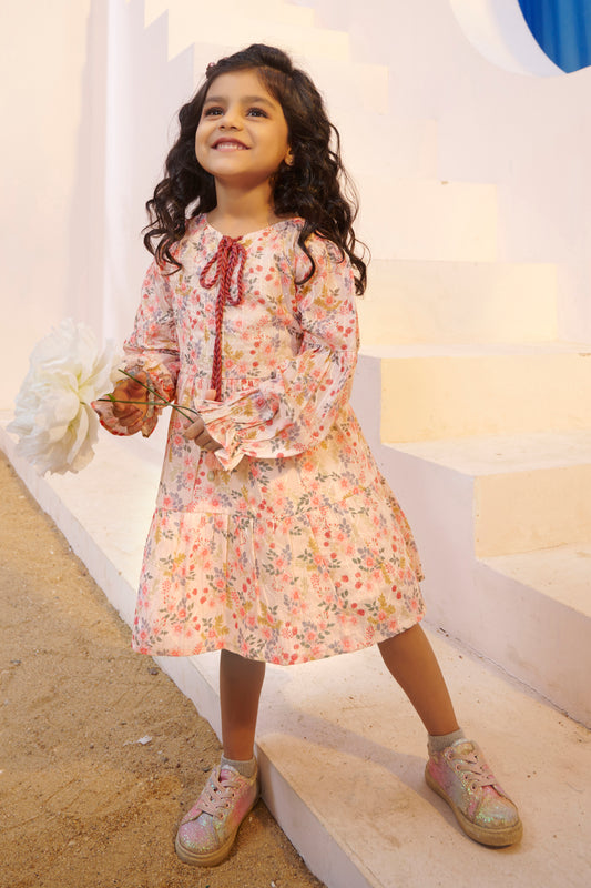 TINY TWILLS MUSLIN AARI SOFT FLORAL PRINTED TIERED FROCK