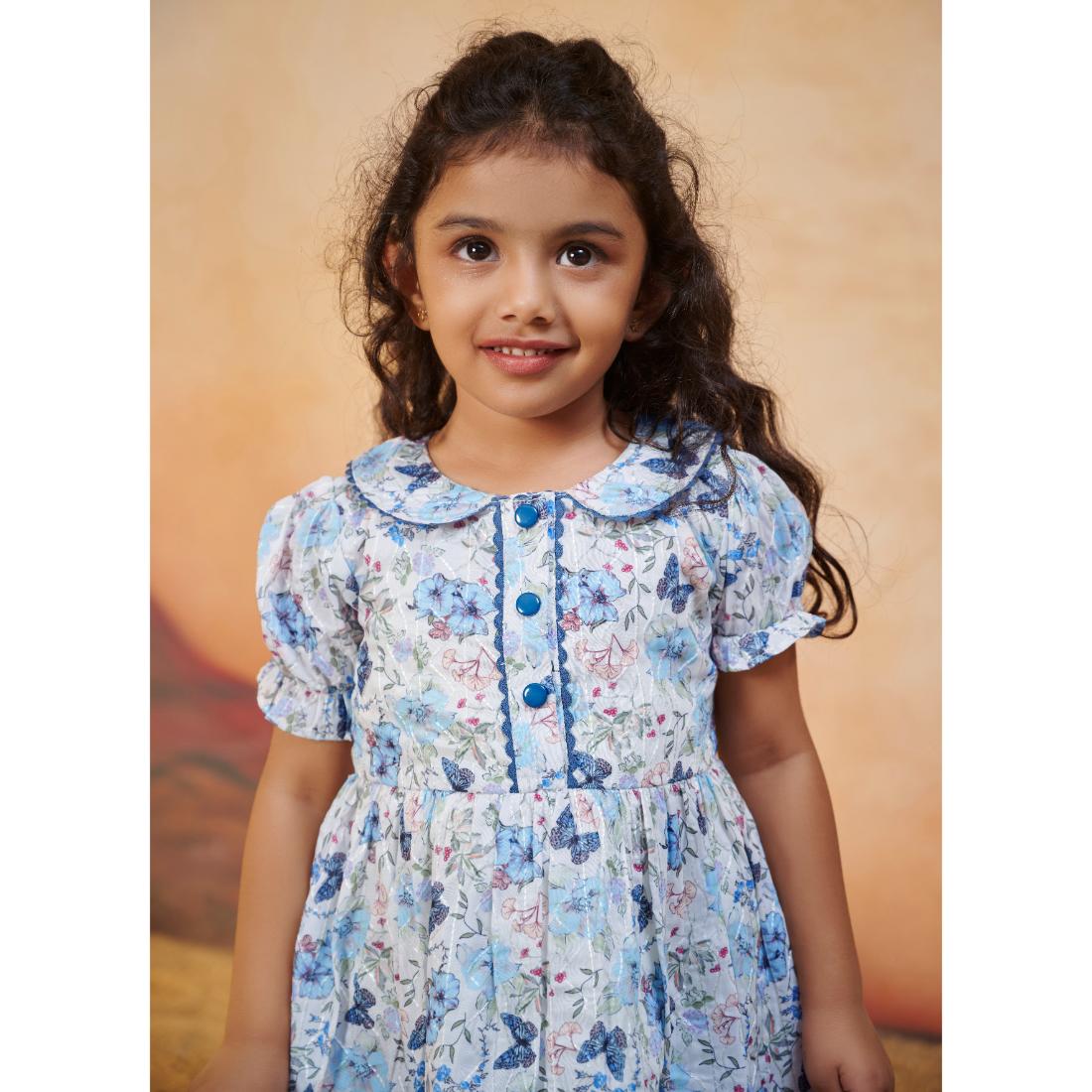 TINY TWILLS MUSLIN AARI BUTTERFLY PRINTED FRONT BUTTONED FROCK