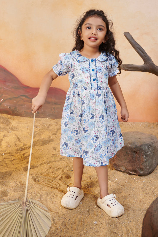 TINY TWILLS MUSLIN AARI BUTTERFLY PRINTED FRONT BUTTONED FROCK