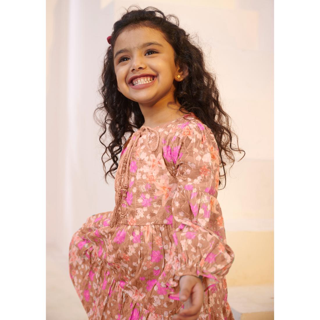 TINY TWILLS MUSLIN AARI SOFT FLORAL PRINTED TIERED FROCK