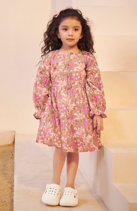 TINY TWILLS MUSLIN AARI SOFT FLORAL PRINTED TIERED FROCK