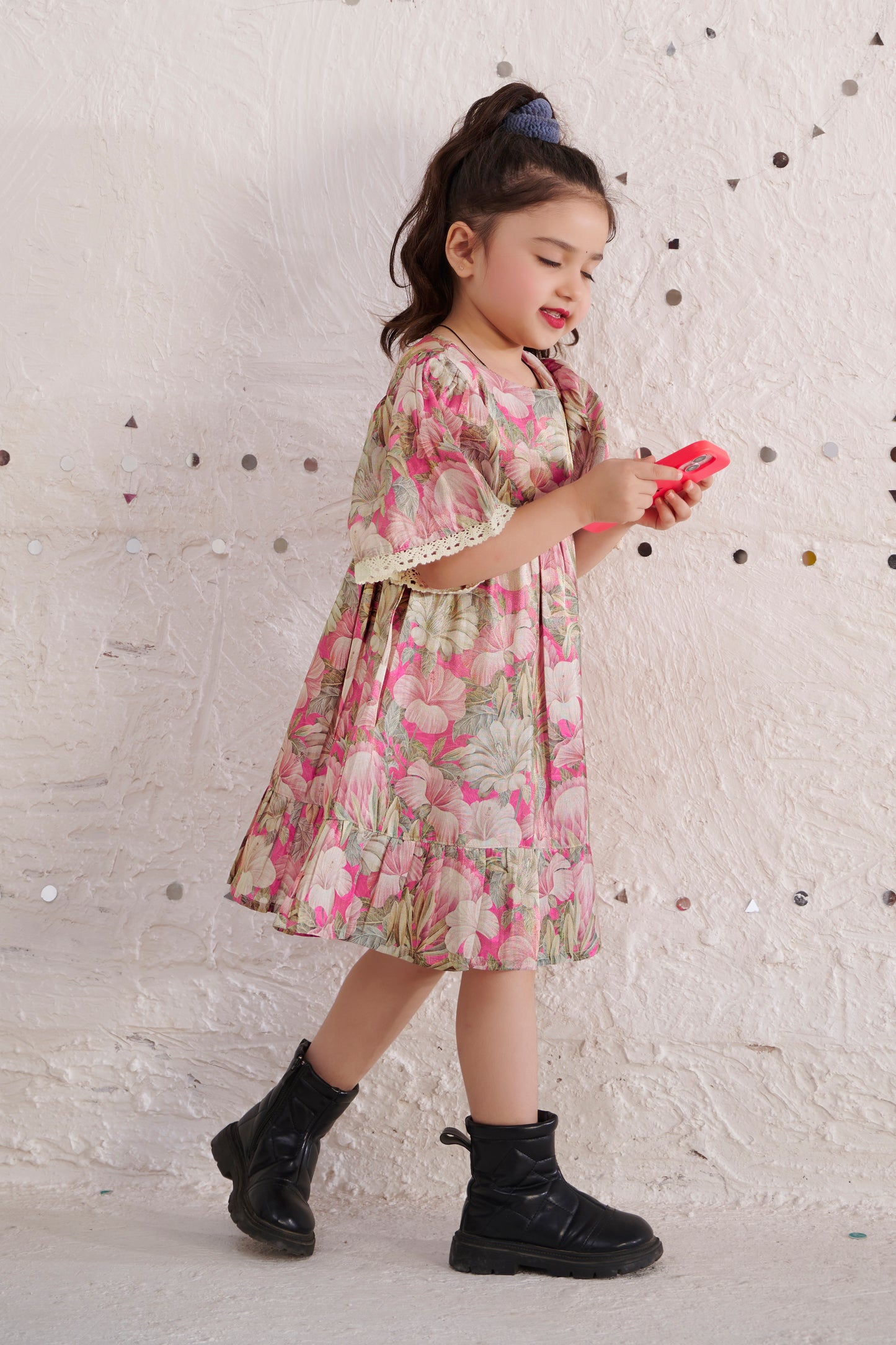 TINY TWILLS  SHIMMER FLORAL PRINTED FIT & FLARED DRESS