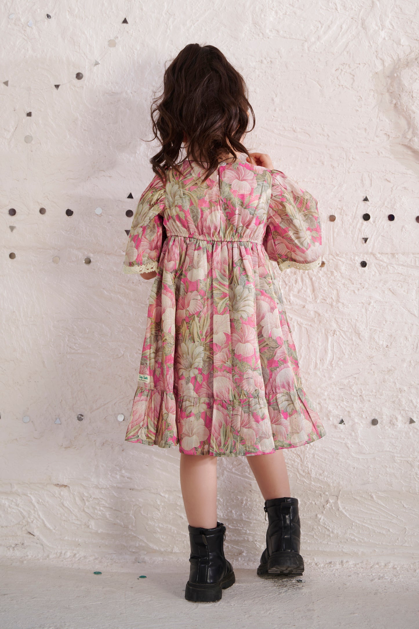 TINY TWILLS  SHIMMER FLORAL PRINTED FIT & FLARED DRESS