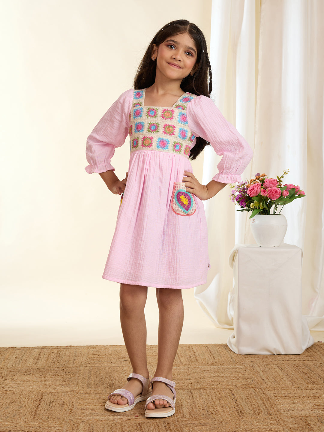 TINY TWILLS Girls Cotton Frock – Cream Dress with Colorful Crochet Bodice & Patch Pockets | Handcrafted Boho Style Ethnic Wear for Kids