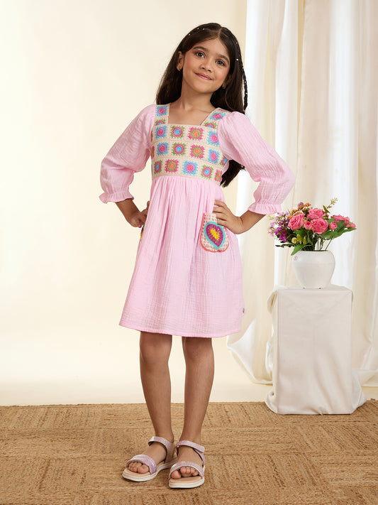 TINY TWILLS Girls Cotton Frock – Cream Dress with Colorful Crochet Bodice & Patch Pockets | Handcrafted Boho Style Ethnic Wear for Kids