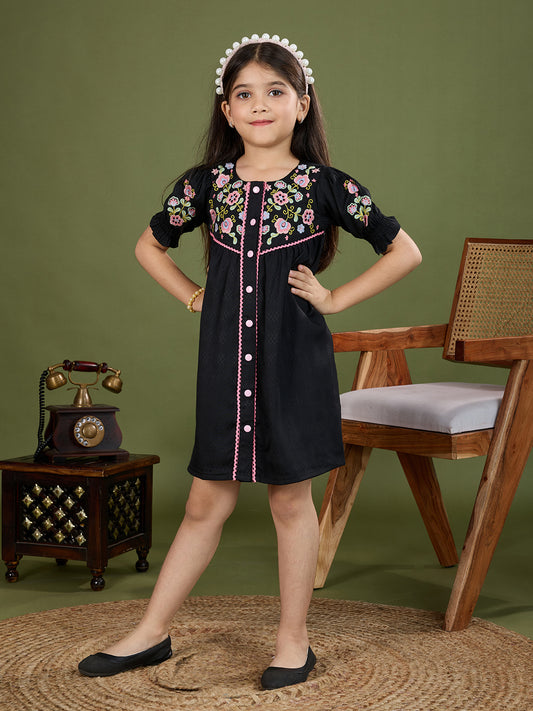 TINY TWILLS Girls Black Cotton Frock – Floral Embroidered Dress with Pink Button Detailing & Puff Sleeves | Ethnic Party Wear for Kids