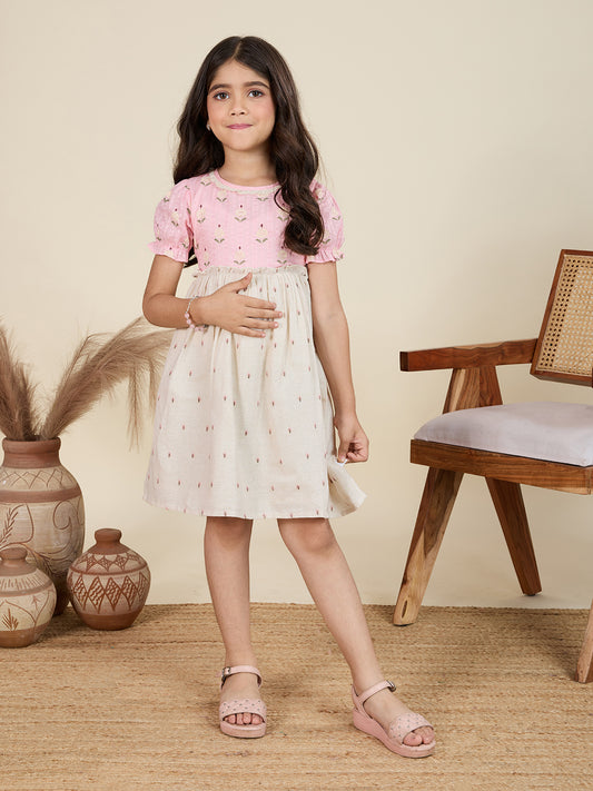 TINY TWILLS Girls Cotton Frock – Embroidered Puff Sleeve Dress in Pink with Contrast Skirt | Stylish Ethnic Wear for Kids