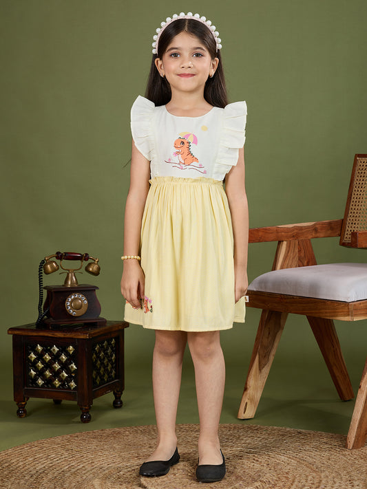 TINY TWILLS Girls' Summer Dress – Light Cotton Frock with Dinosaur Print | Frill Sleeve Dress for Girls