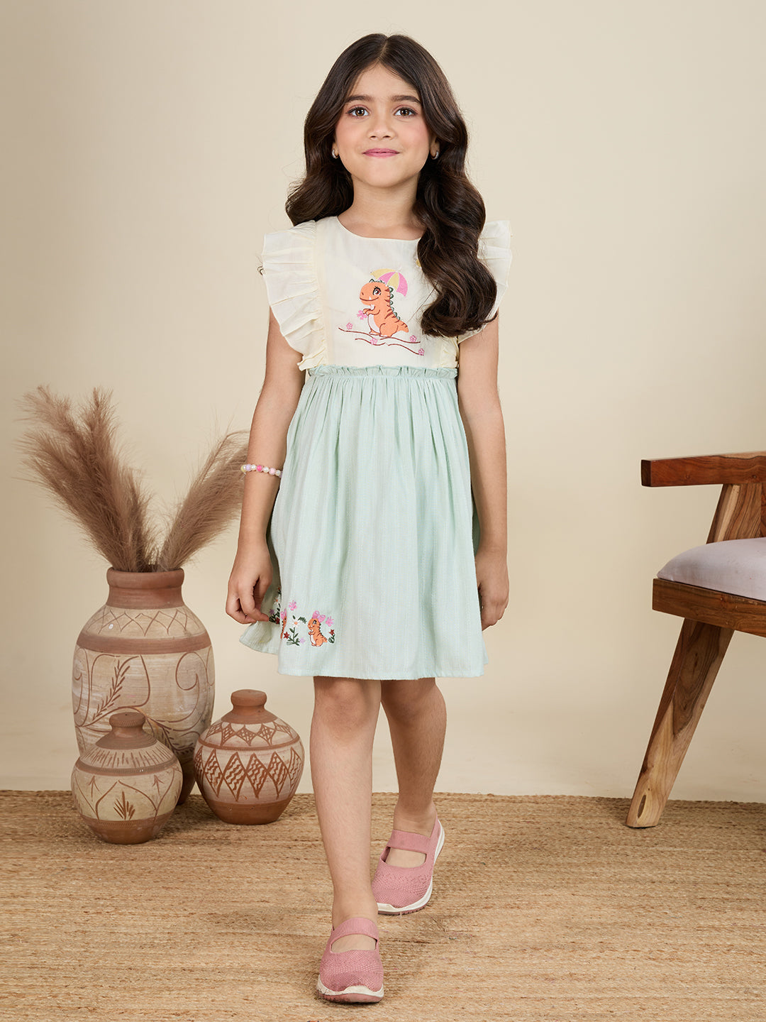 TINY TWILLS Girls' Summer Dress – Light Cotton Frock with Dinosaur Print | Frill Sleeve Dress for Girls