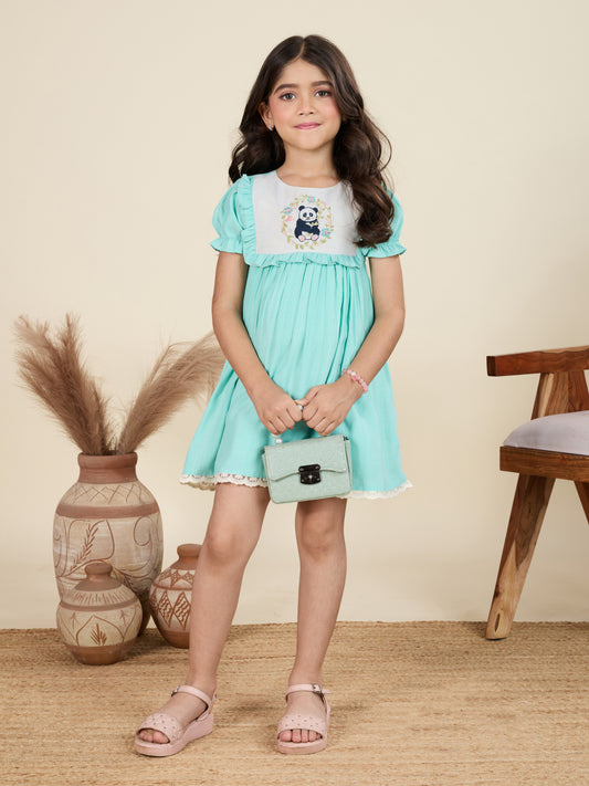 TINY TWILLS Girls' Mint Green Dress – Cute Panda Print Cotton Frock with Puff Sleeves & Lace Hem | Summer Wear for Girls