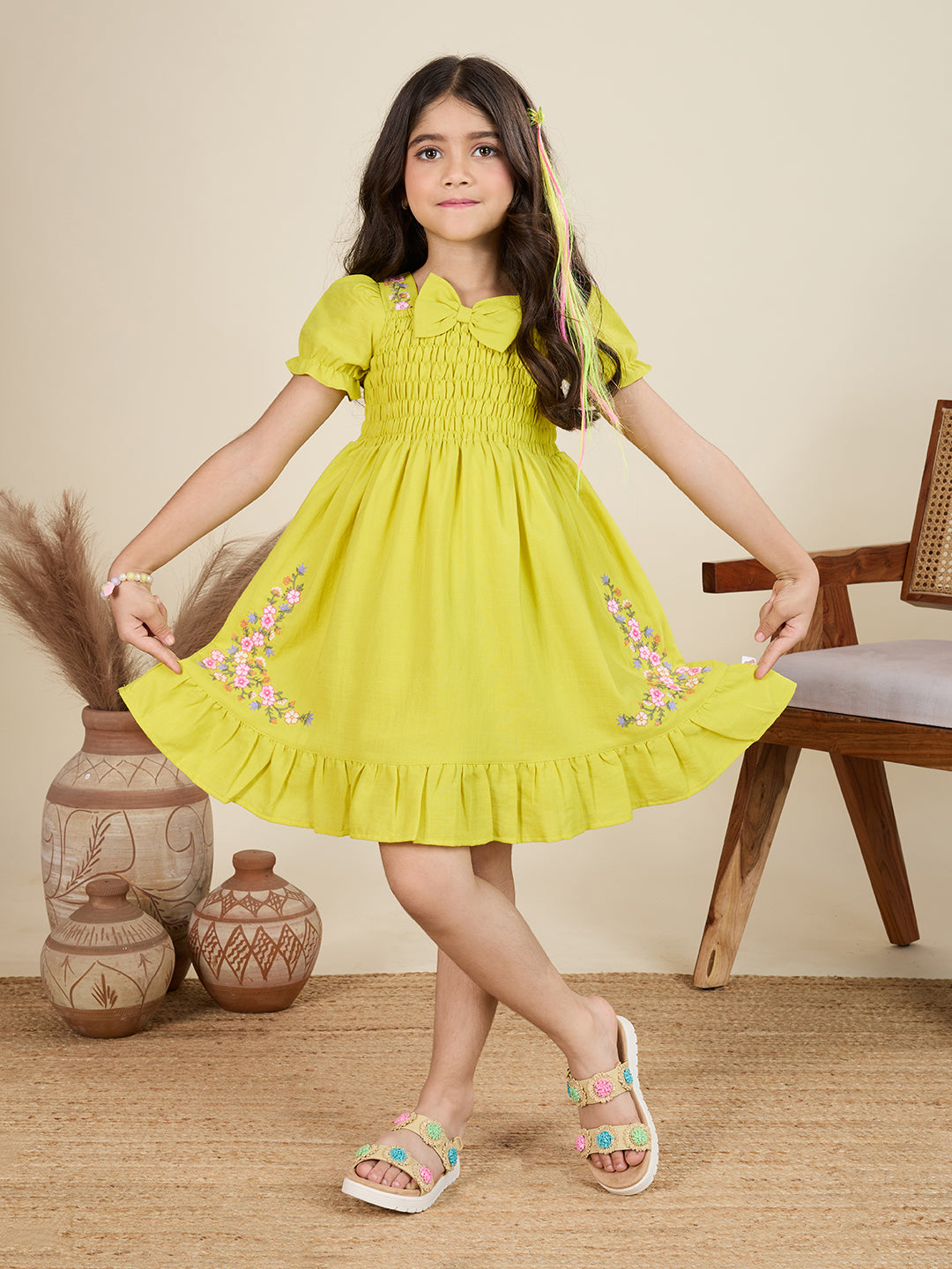 TINY TWILLS Girls' Smocked Frock with Puff Sleeves & Floral Embroidery – Festive Party Dress