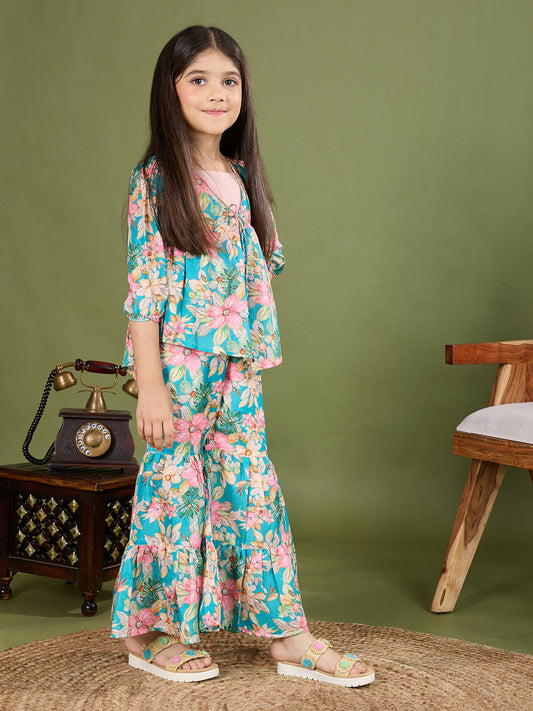 Tiny Twills Girls' Tropical Floral Printed Co-Ord Set – Flared Pants & Shrug with Inner Top