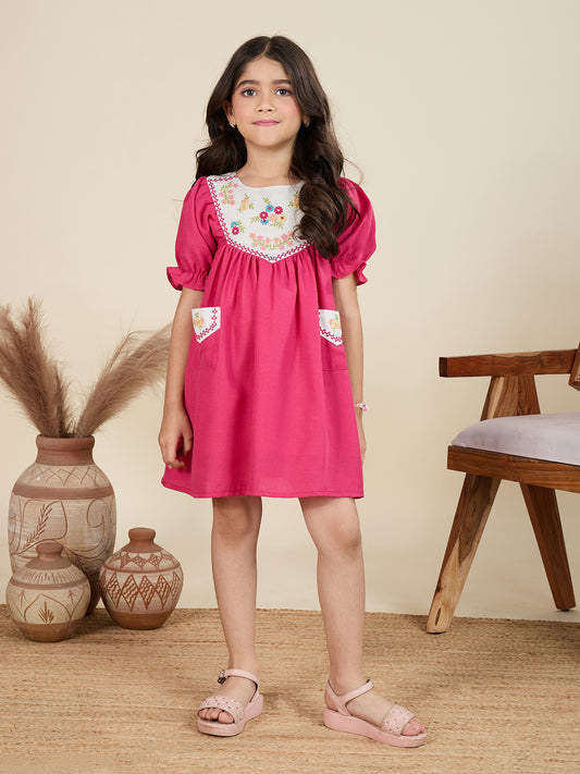 TINY TWILLS Girls’ Fuchsia Pink Cotton Dress with Embroidered Yoke & Pockets | Puff Sleeve Casual Wear |
