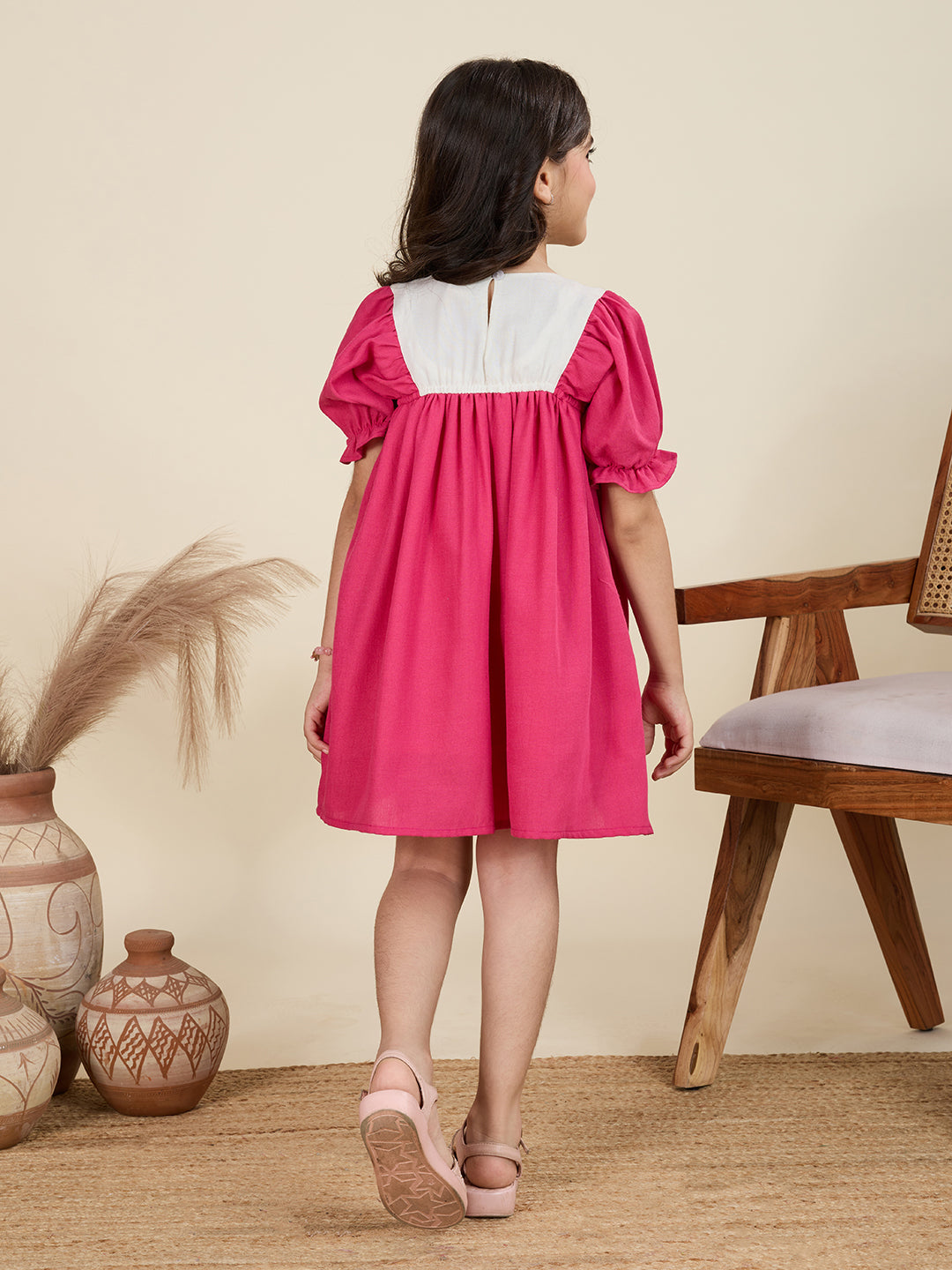 TINY TWILLS Girls’ Fuchsia Pink Cotton Dress with Embroidered Yoke & Pockets | Puff Sleeve Casual Wear |