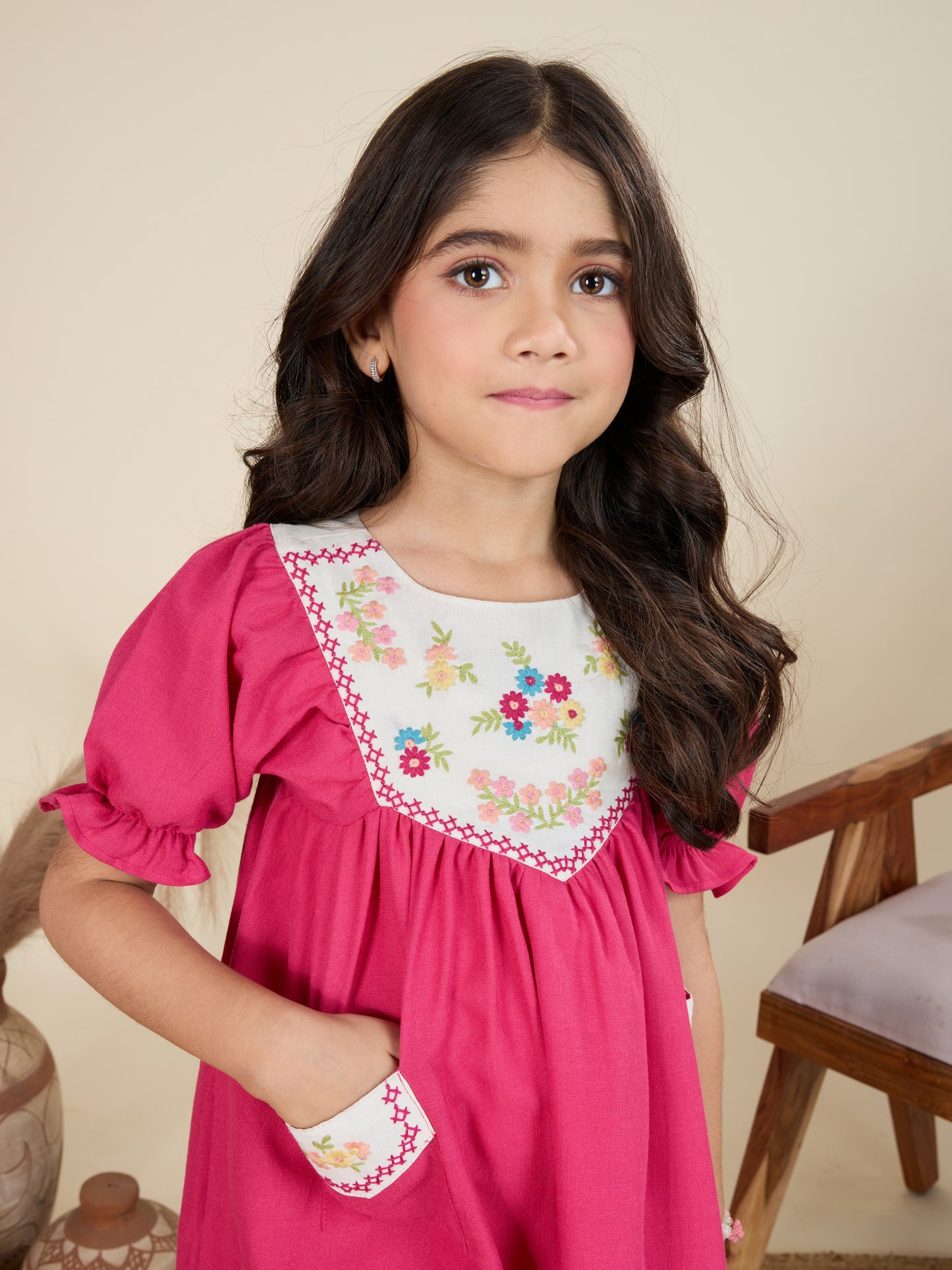TINY TWILLS Girls’ Fuchsia Pink Cotton Dress with Embroidered Yoke & Pockets | Puff Sleeve Casual Wear |