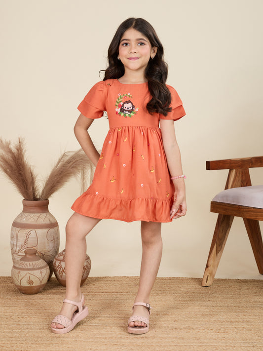 TINY TWILLS "Girls Cotton Embroidered Frock with Cartoon Motif – Casual Summer Dress"
