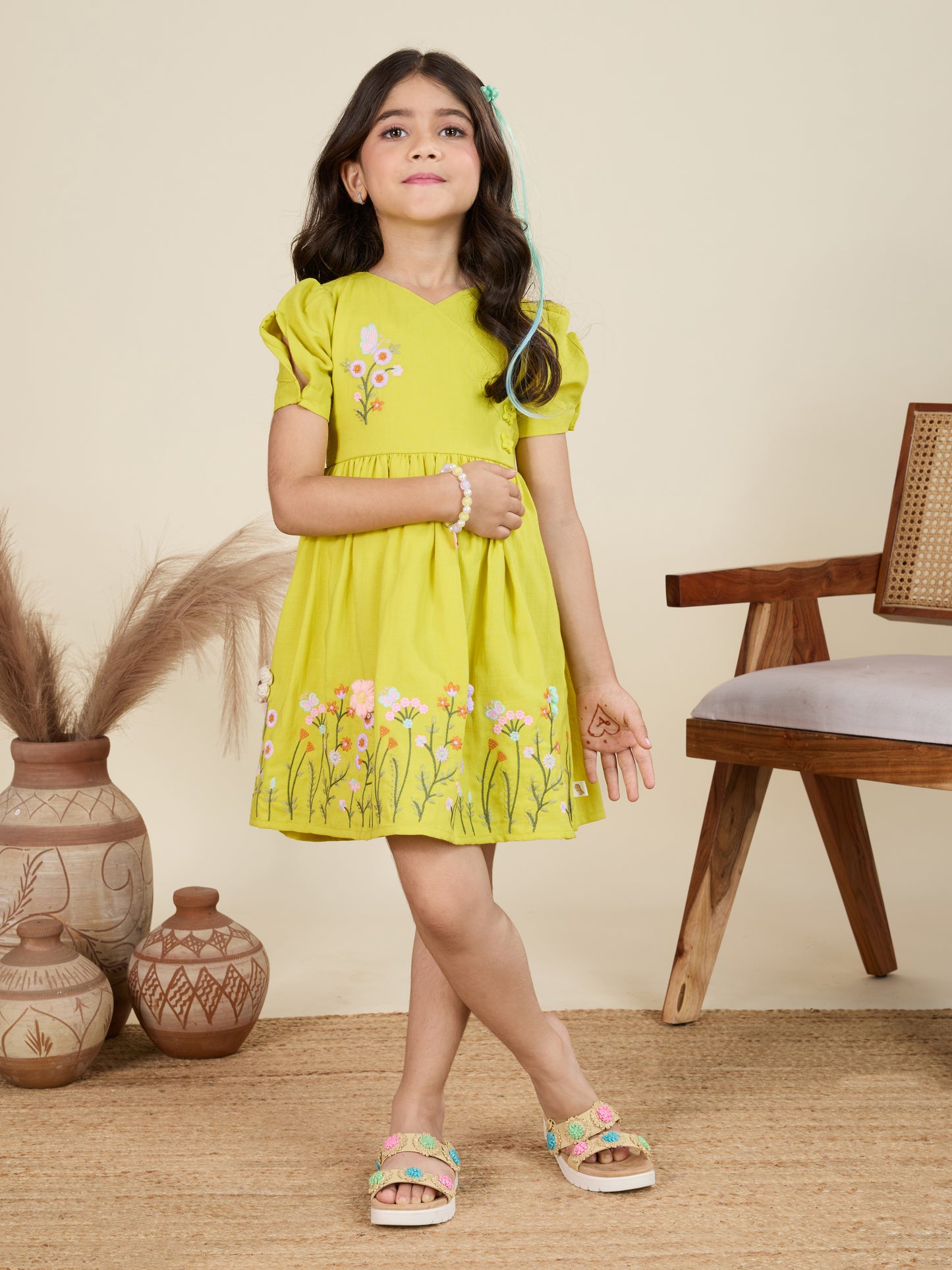 TINY TWILLS Girls Embroidered Dress – Puff Sleeve Frock with Floral Hem Design | Elegant Festive & Party Wear