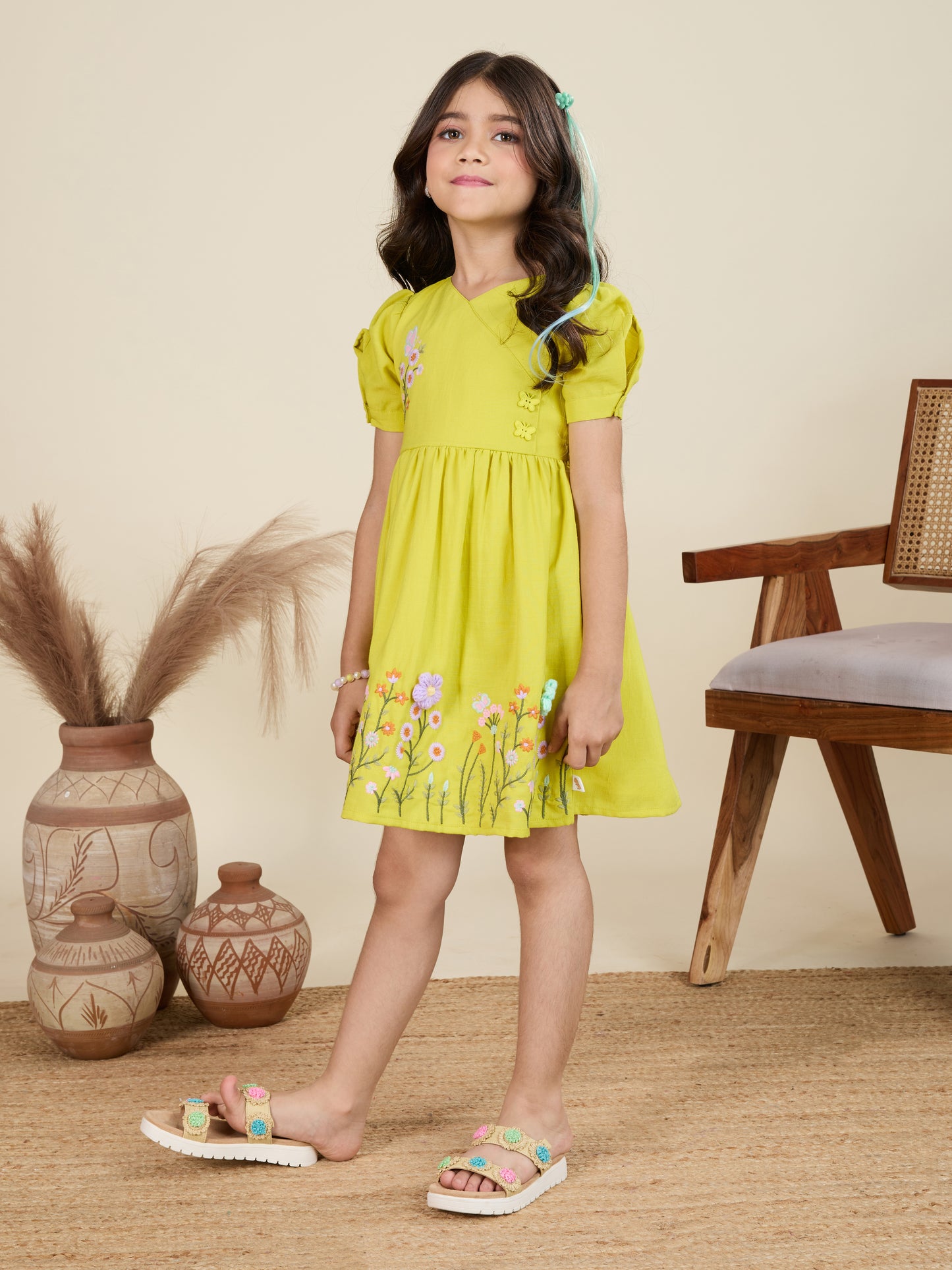 TINY TWILLS Girls Embroidered Dress – Puff Sleeve Frock with Floral Hem Design | Elegant Festive & Party Wear