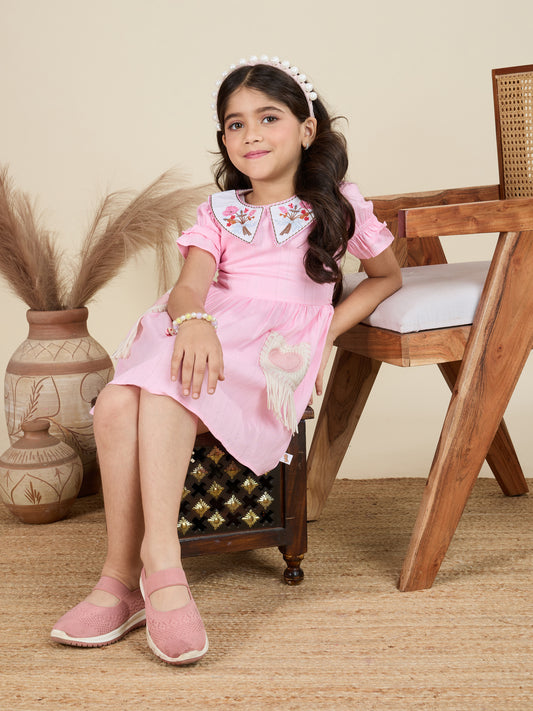 TINY TWILLS Girls Cotton Dress – Embroidered Collar with Ruffle Sleeves & Heart Patch Pockets | Cute Casual Wear