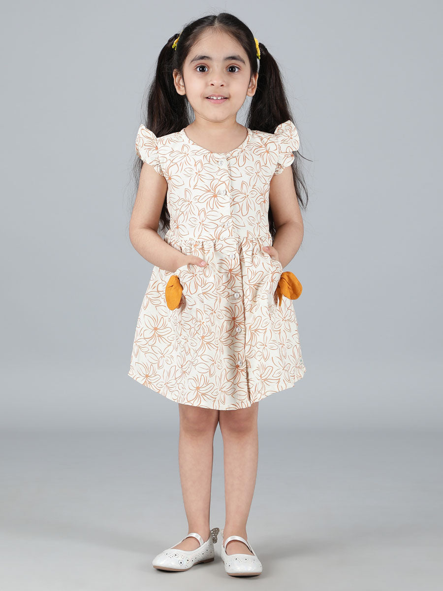 CREAM SELF PRINT FRONT BUTTONED DOWN DRESS