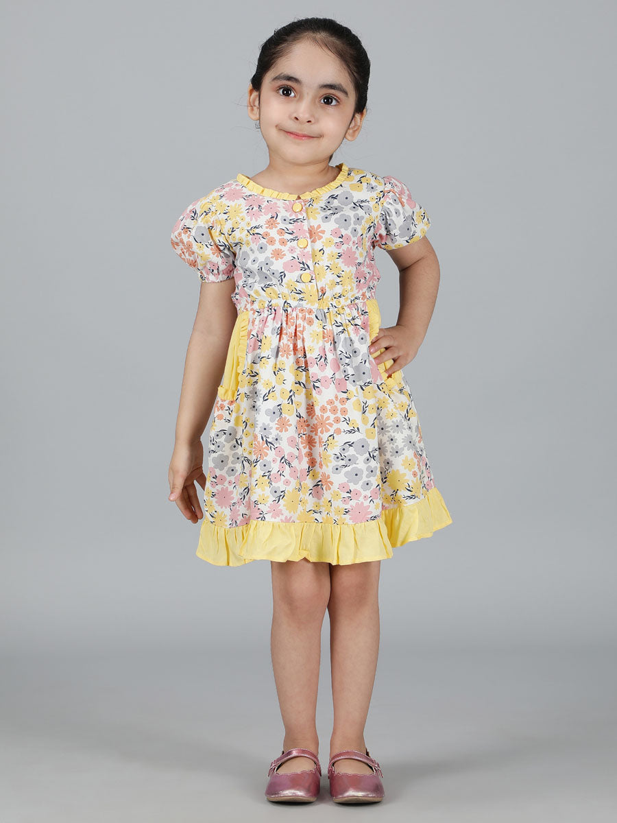 WHITE & YELLOW FLORAL PRINT FIT & FLARED DRESS