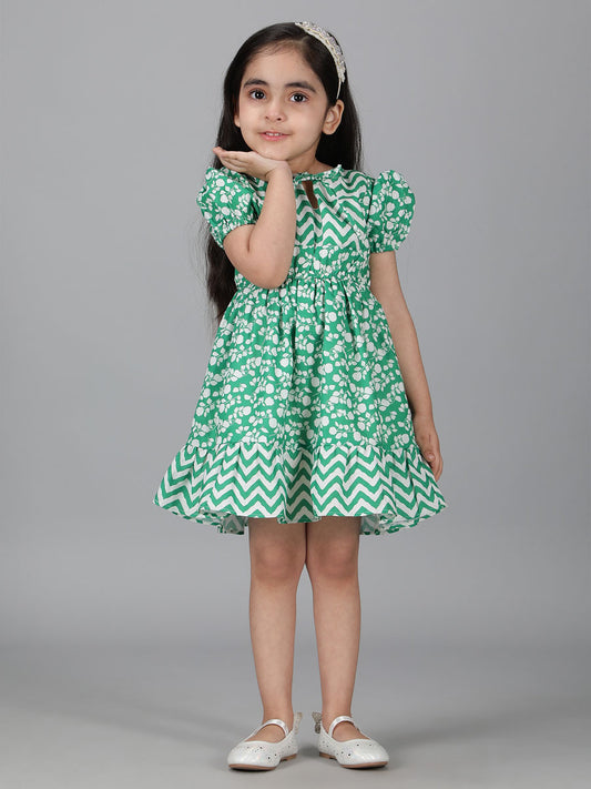 GREEN CHEVRON & FLORAL PRINT FIT & FLARED DRESS