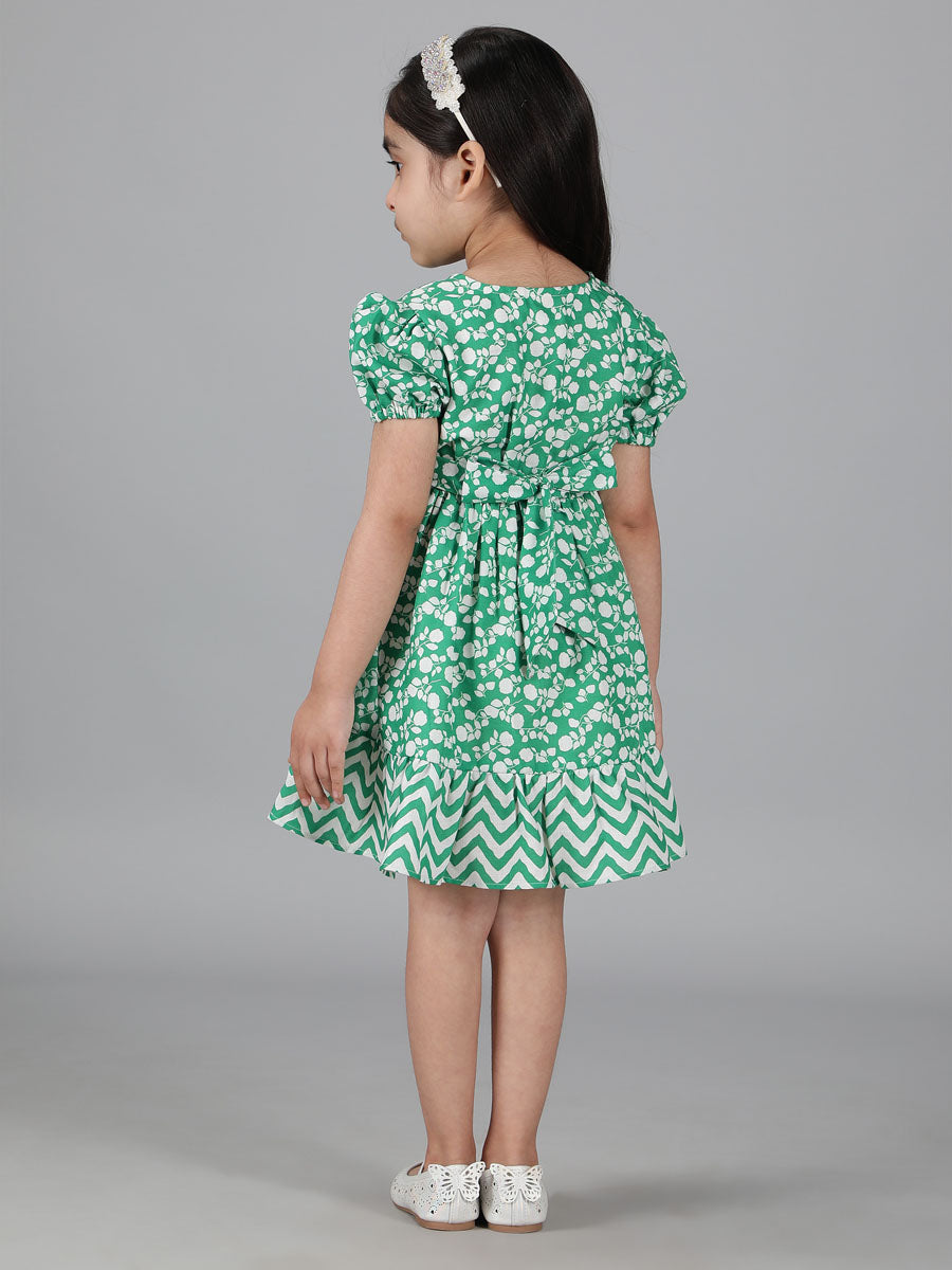 GREEN CHEVRON & FLORAL PRINT FIT & FLARED DRESS