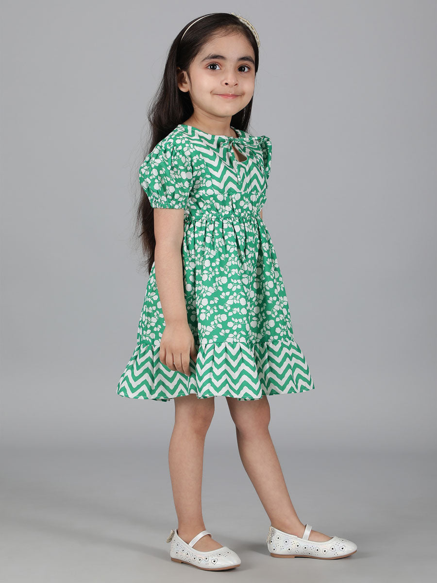 GREEN CHEVRON & FLORAL PRINT FIT & FLARED DRESS