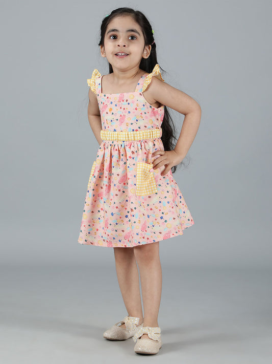 PEACH BIRD PRINT FIT & FLARED DRESS