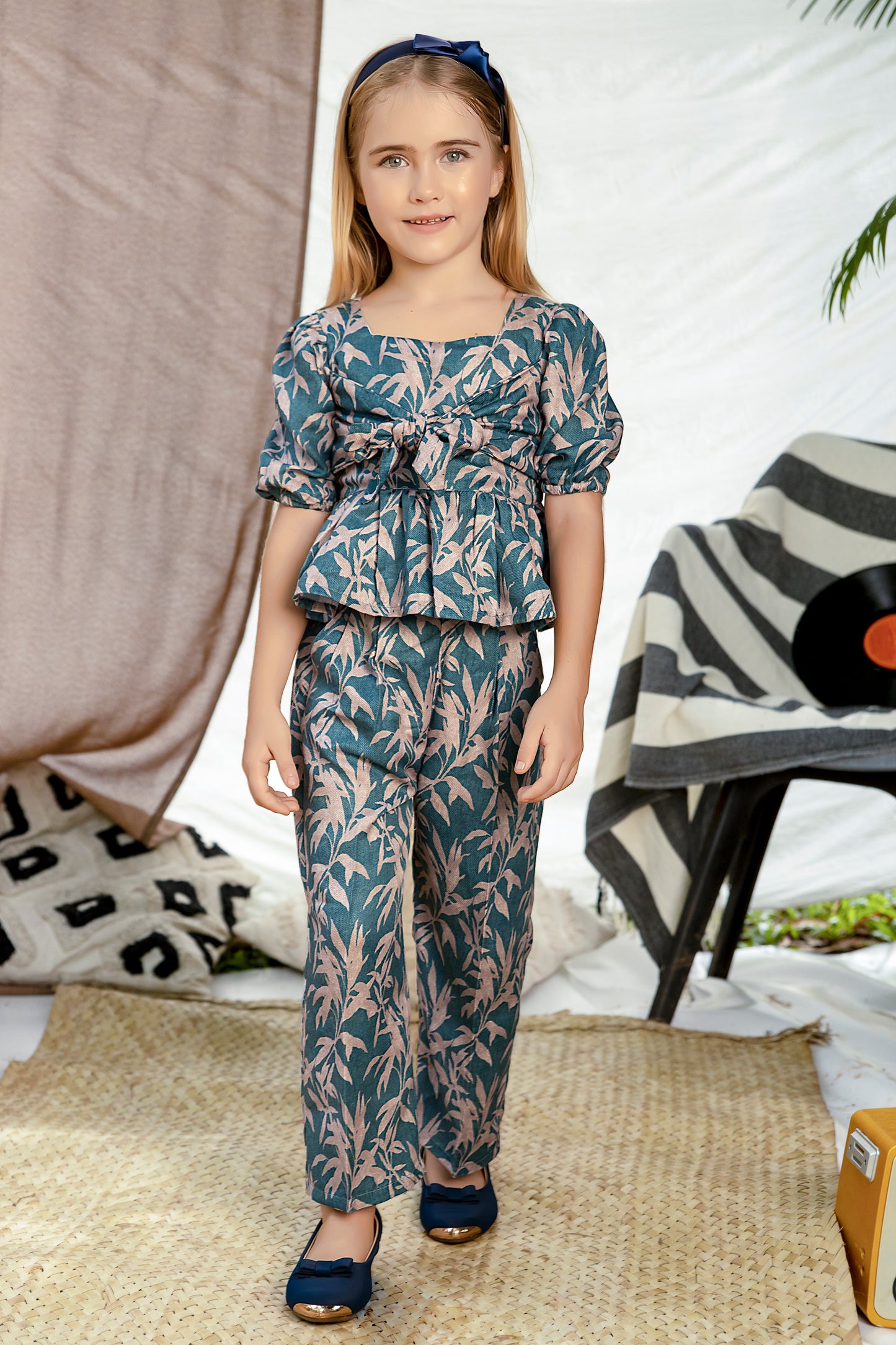 TEAL BLUE LEAF PRINTED FRONT BOW CO-ORD SET