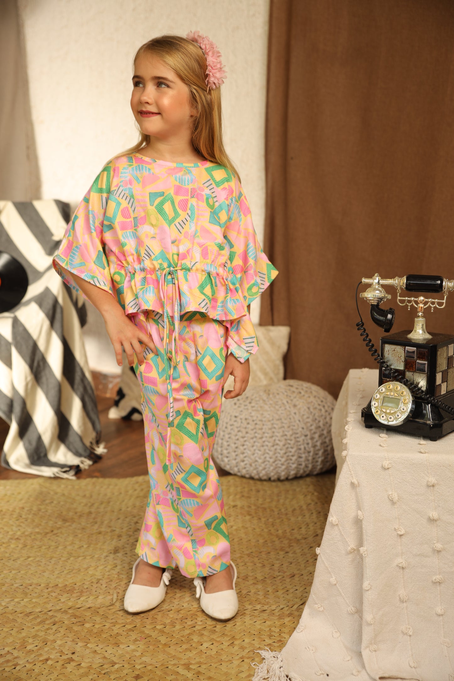 BABY PINK GEOMETRIC PRINT KAFTAN CO-ORD SET