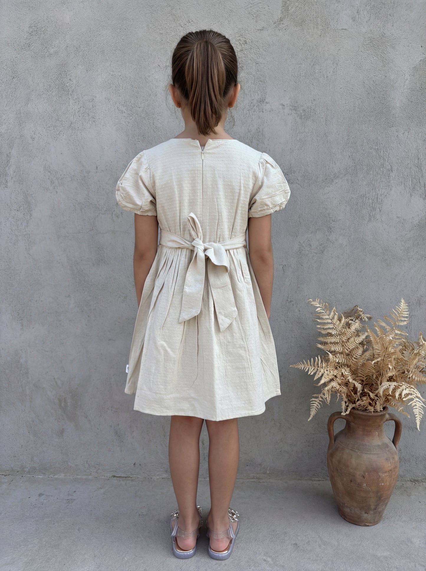 Elegant Off-White Cotton Gauze Jacquard Dress with Floral Embroidery and Green Schiffli Accents