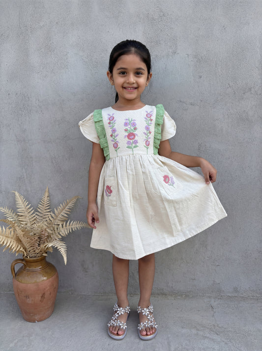 Elegant Off-White Cotton Gauze Jacquard Dress with Floral Embroidery and Green Schiffli Accents