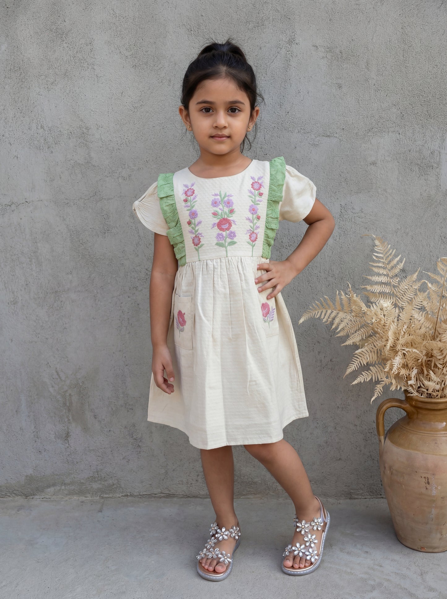 Elegant Off-White Cotton Gauze Jacquard Dress with Floral Embroidery and Green Schiffli Accents