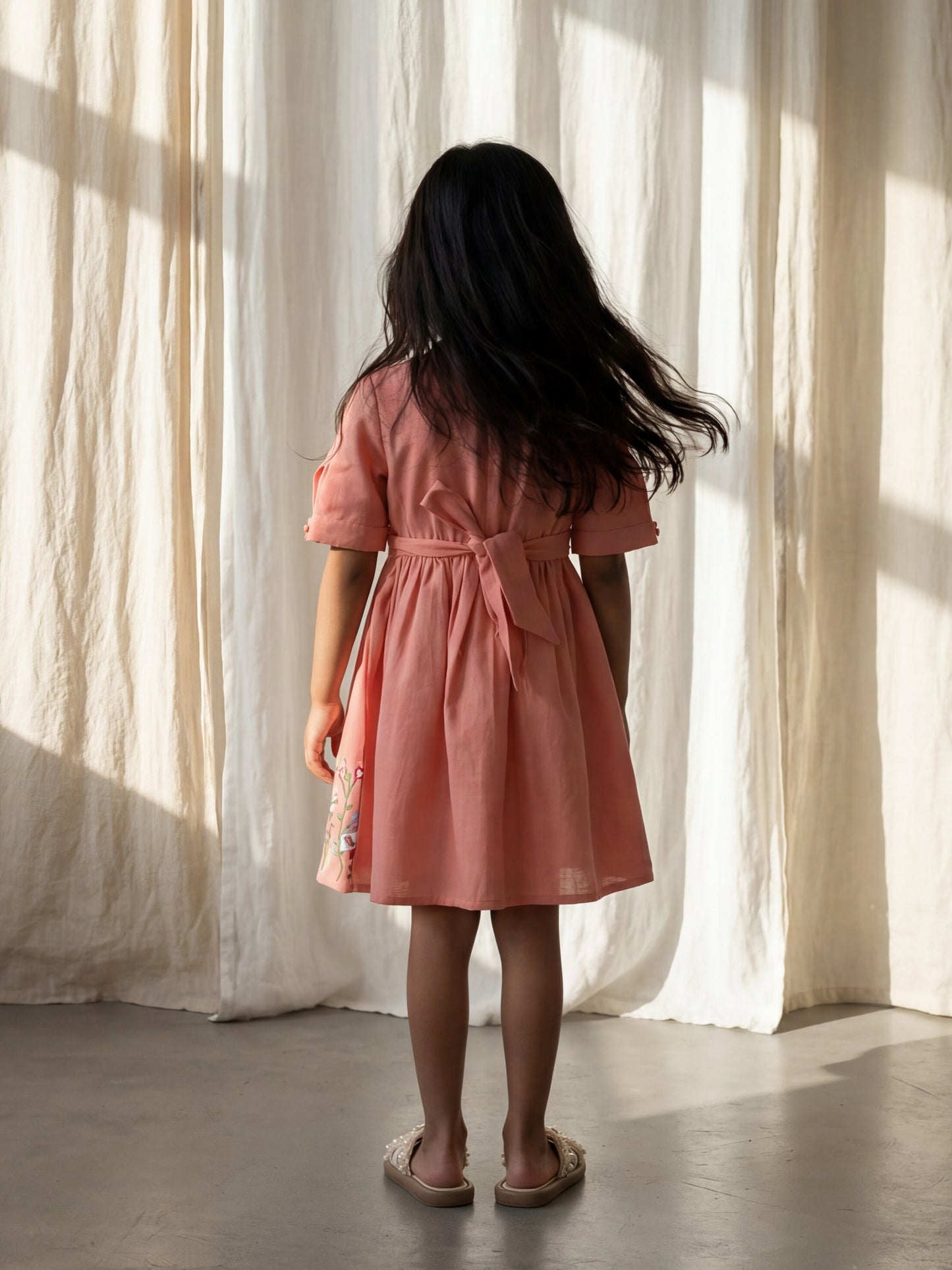 Elegant Angrakha Style Linen Slub Dress with Delicate Floral Embroidery & Appliqué Butterfly