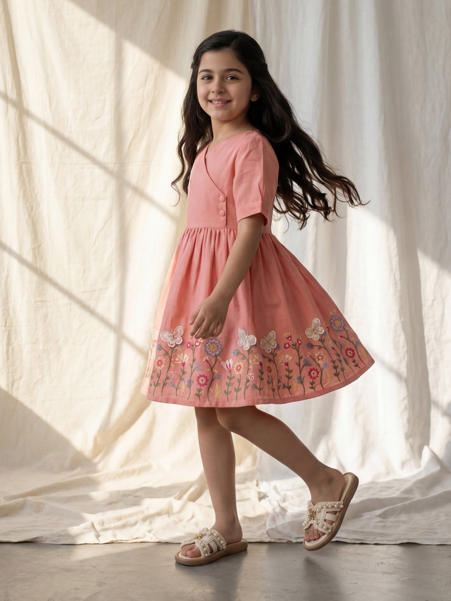 Elegant Angrakha Style Linen Slub Dress with Delicate Floral Embroidery & Appliqué Butterfly