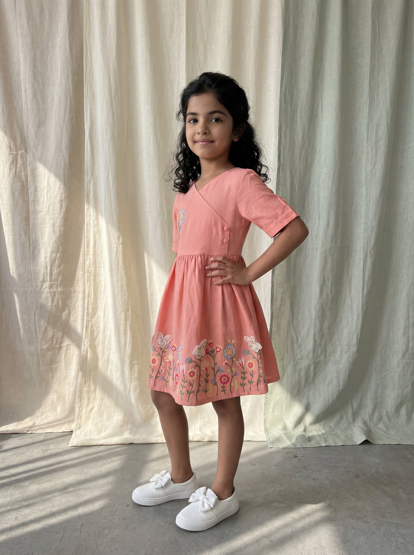 Elegant Angrakha Style Linen Slub Dress with Delicate Floral Embroidery & Appliqué Butterfly