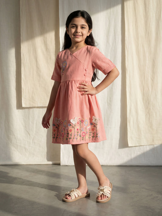 Elegant Angrakha Style Linen Slub Dress with Delicate Floral Embroidery & Appliqué Butterfly