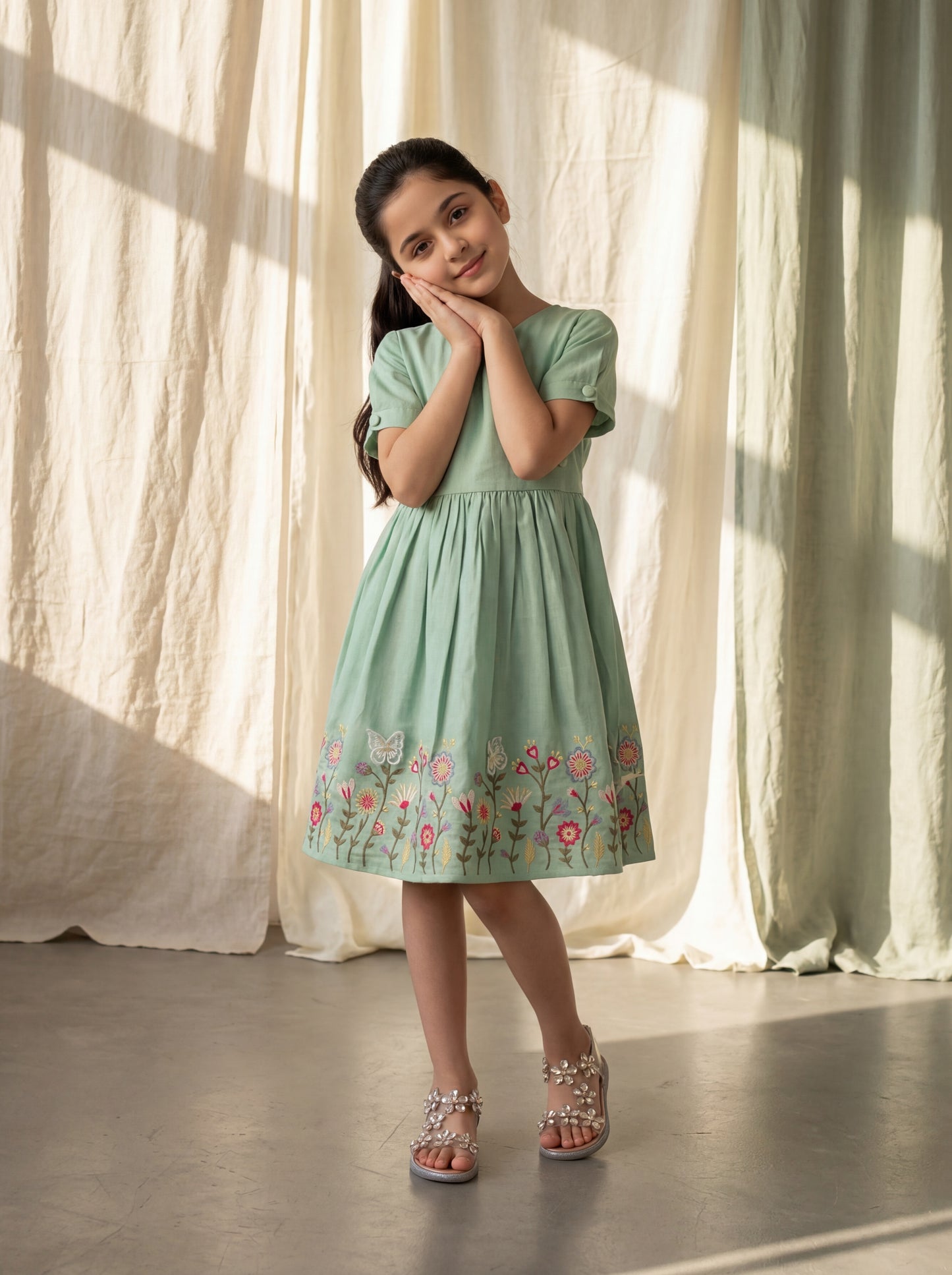 Elegant Sage Green Angrakha Dress with Delicate Floral Embroidery & Appliqué Butterfly Detail