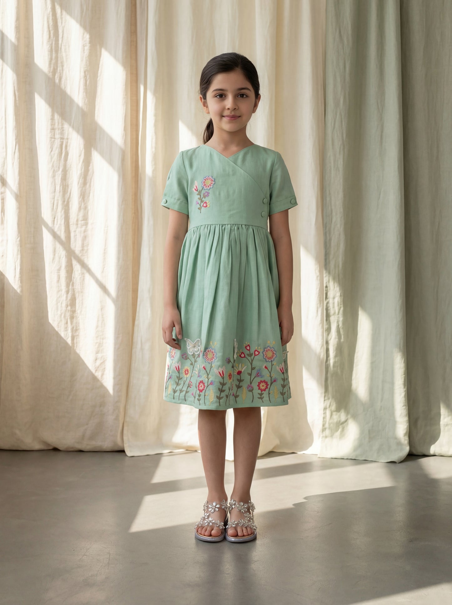 Elegant Sage Green Angrakha Dress with Delicate Floral Embroidery & Appliqué Butterfly Detail