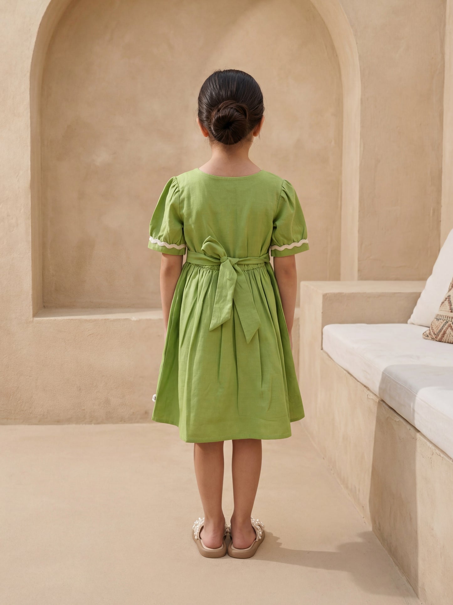 Kids Grass Green Linen Slub Front Open Dress with Dinosaur Embroidery & Wooden Button Detail