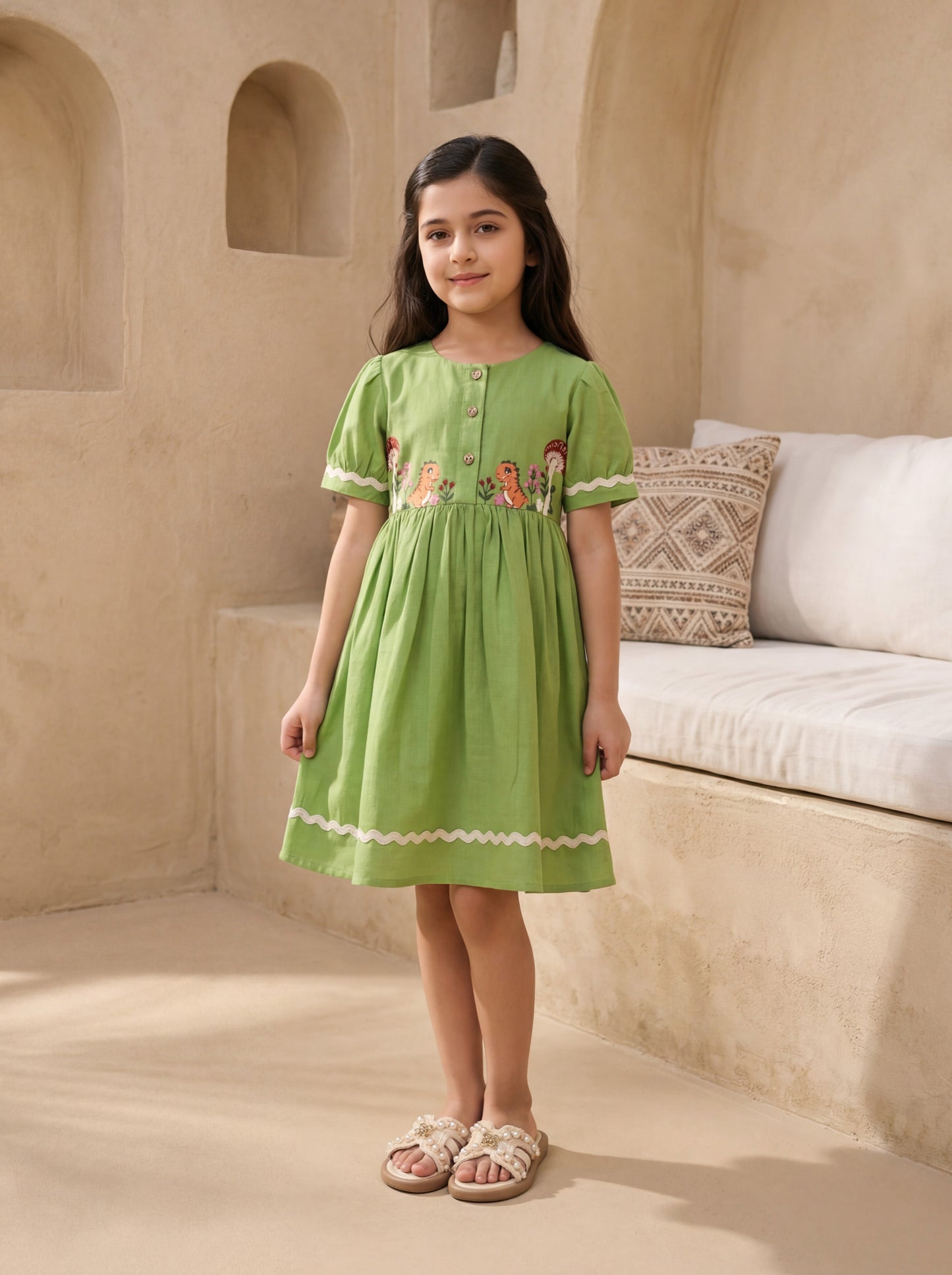 Kids Grass Green Linen Slub Front Open Dress with Dinosaur Embroidery & Wooden Button Detail