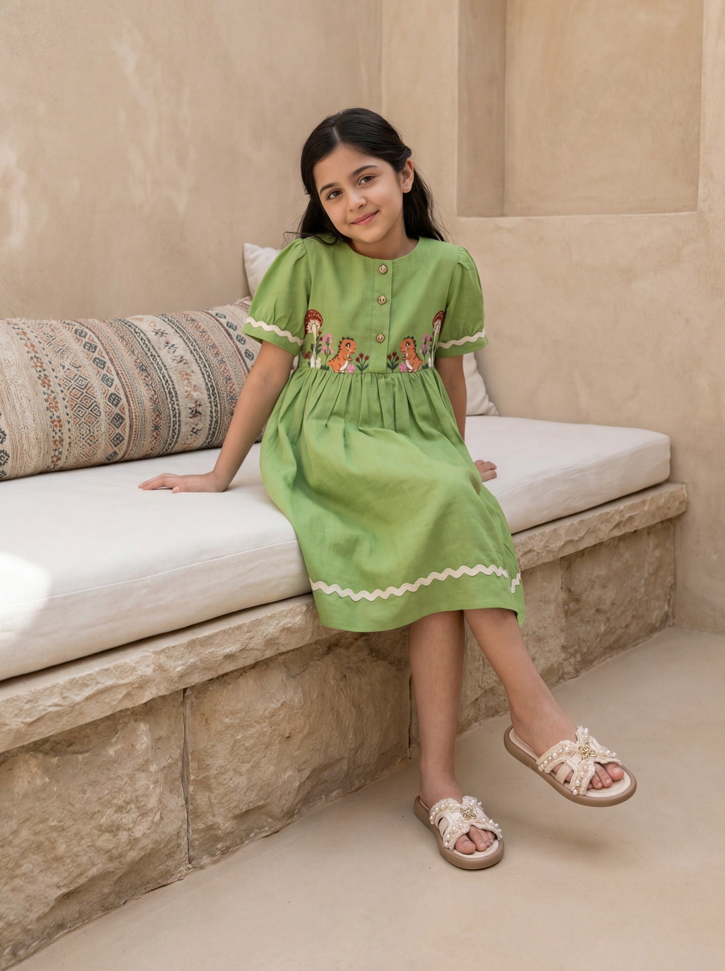 Kids Grass Green Linen Slub Front Open Dress with Dinosaur Embroidery & Wooden Button Detail