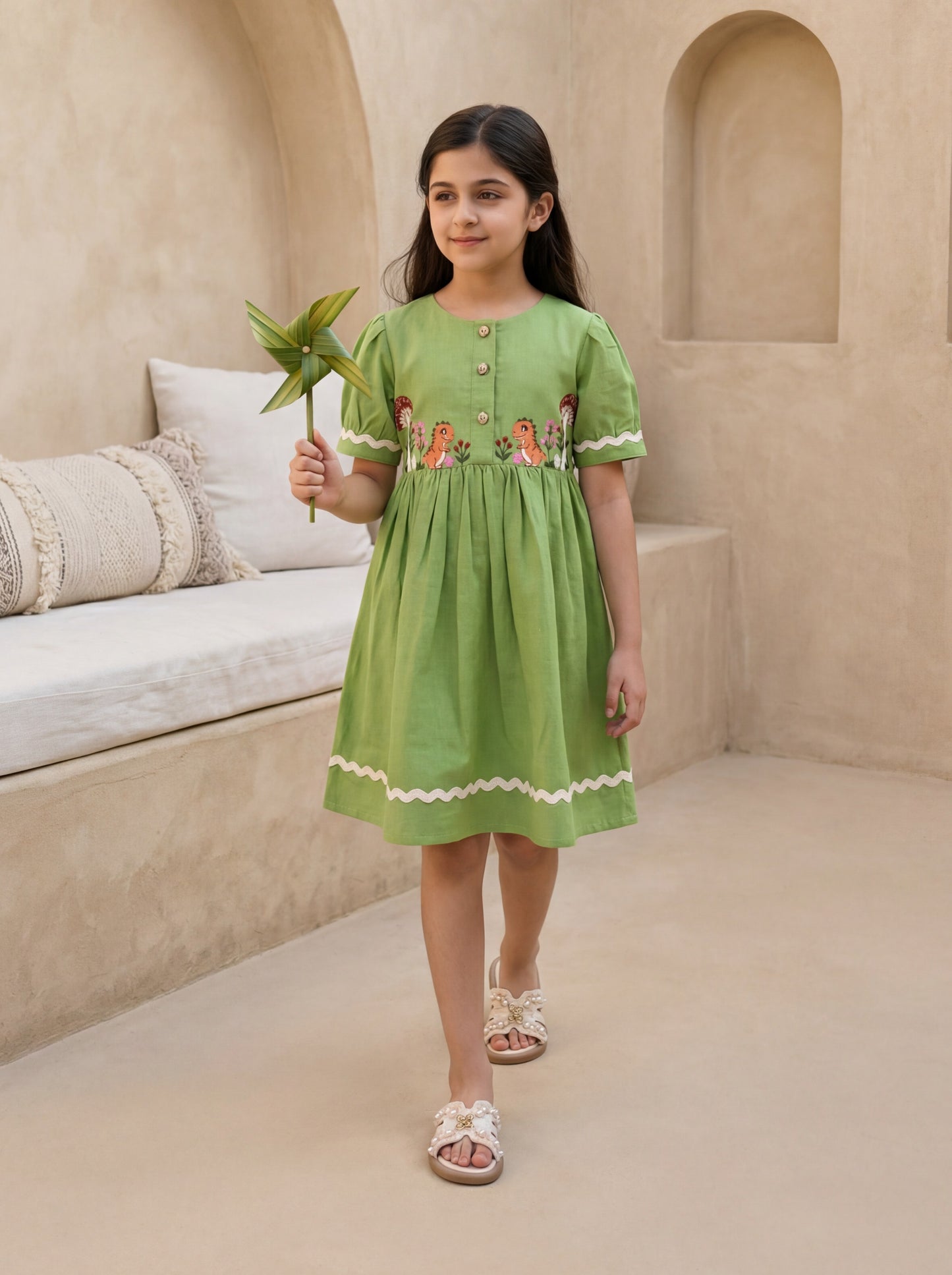 Kids Grass Green Linen Slub Front Open Dress with Dinosaur Embroidery & Wooden Button Detail