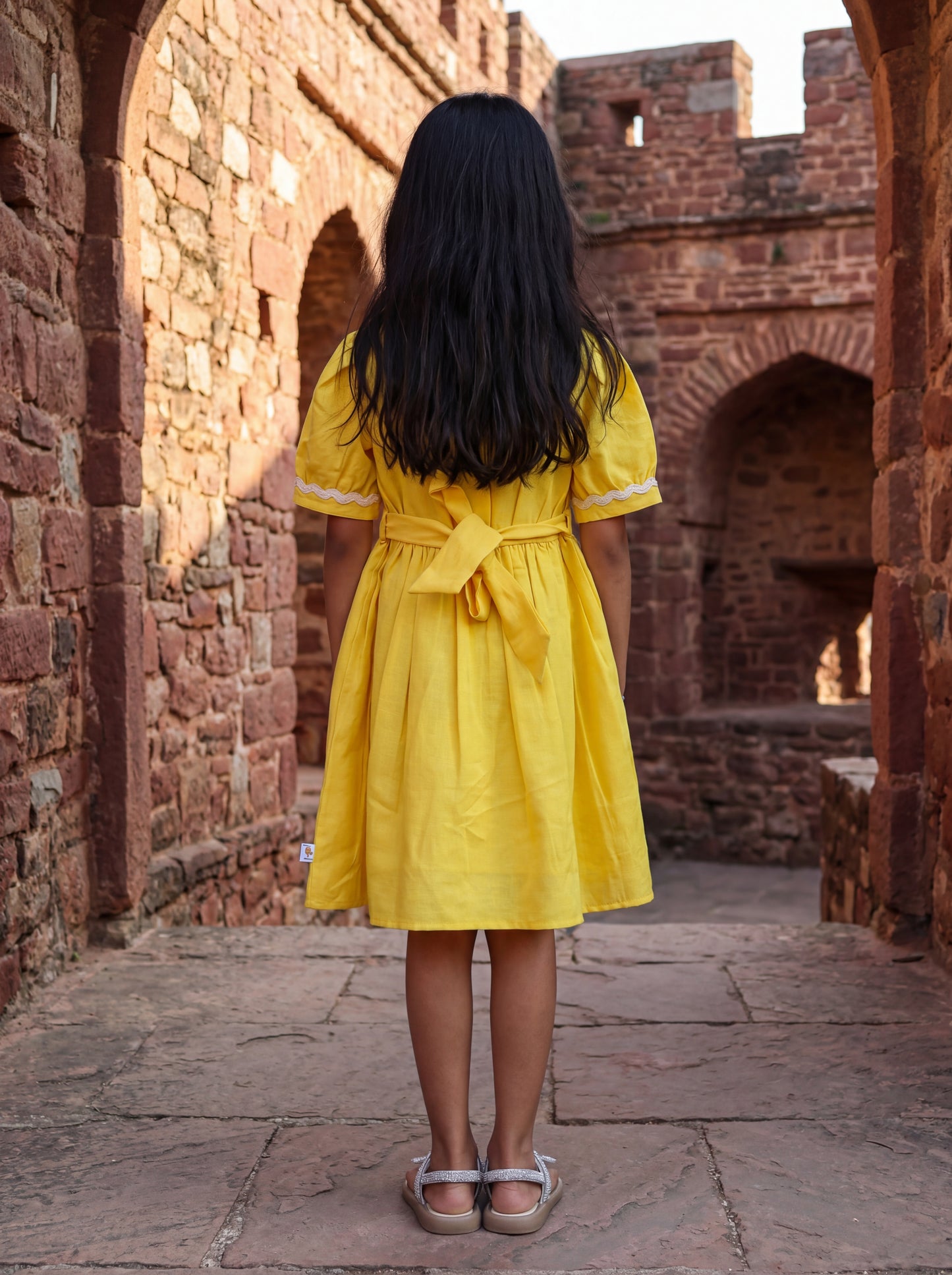 Kids Yellow Front Open Dress with Dinosaur Embroidery & Wooden Buttons