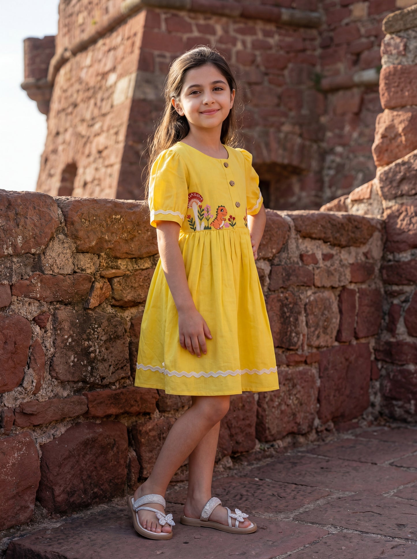 Kids Yellow Front Open Dress with Dinosaur Embroidery & Wooden Buttons