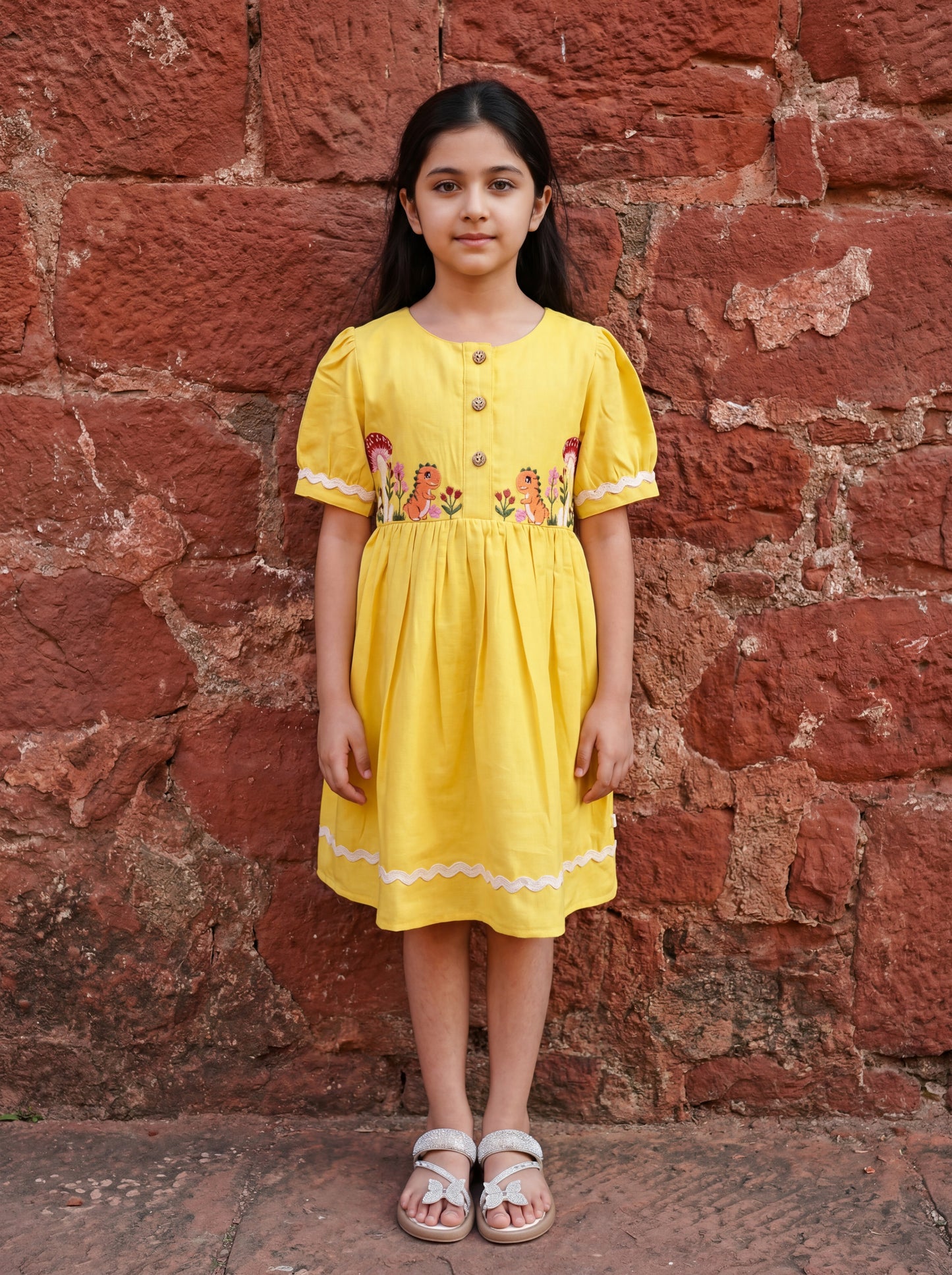 Kids Yellow Front Open Dress with Dinosaur Embroidery & Wooden Buttons